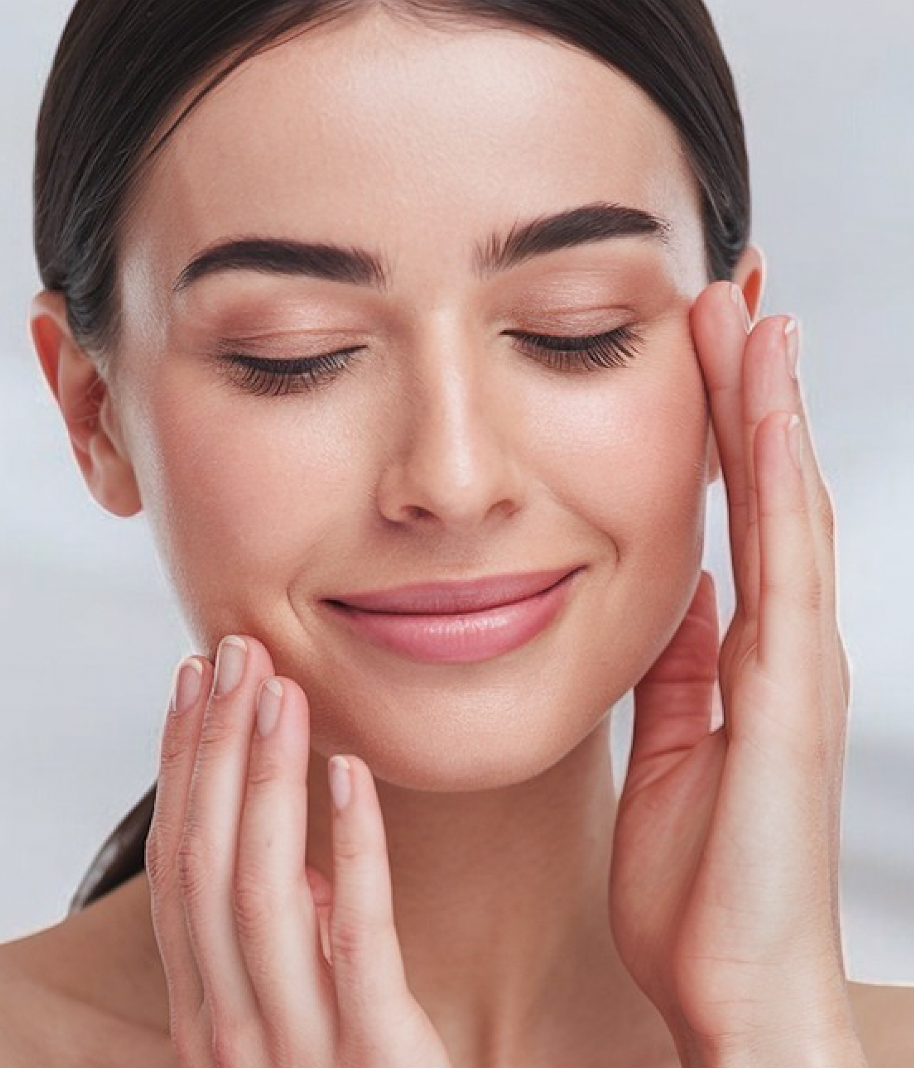 Woman touching her face with a neutral background