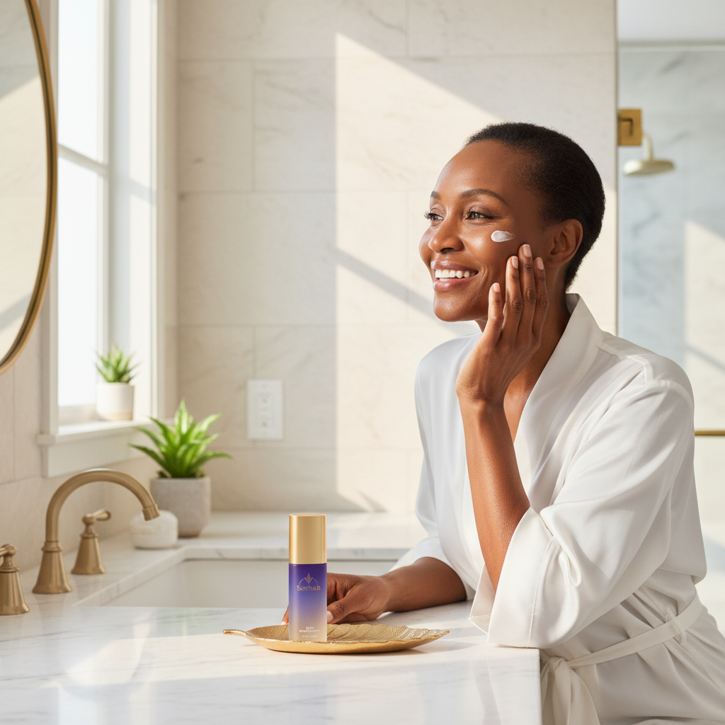 Woman applying moisturizer during morning skincare routine with Serivah products
