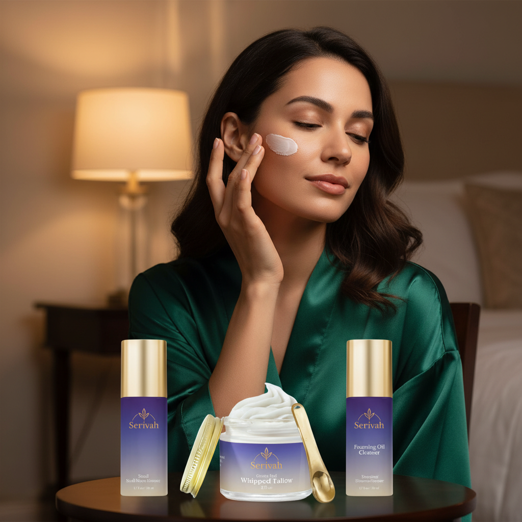 Woman applying Serivah skincare products during evening routine — Snail Mucin Essence, Whipped Tallow Balm, and Foaming Oil Cleanser