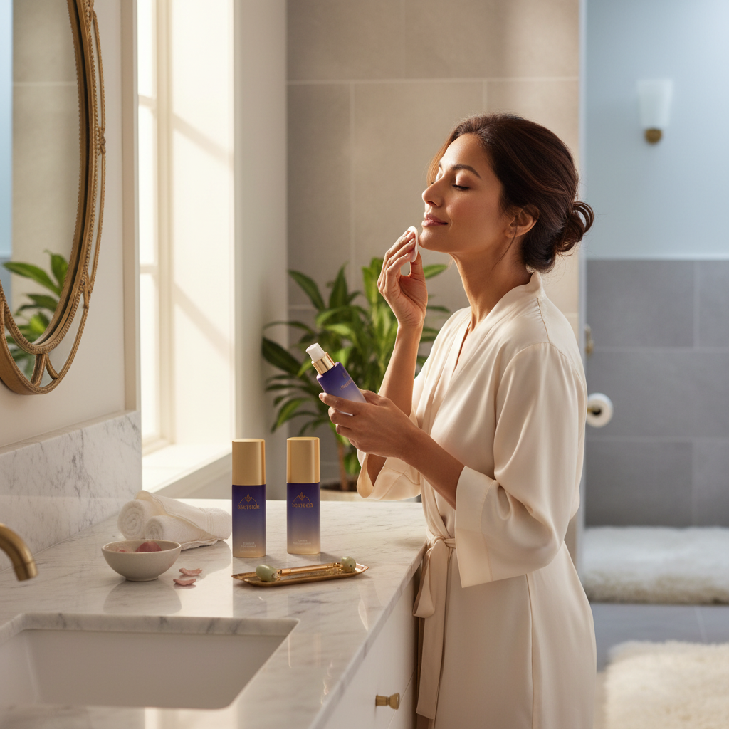 Woman completing full 3-step morning skincare routine with Serivah products