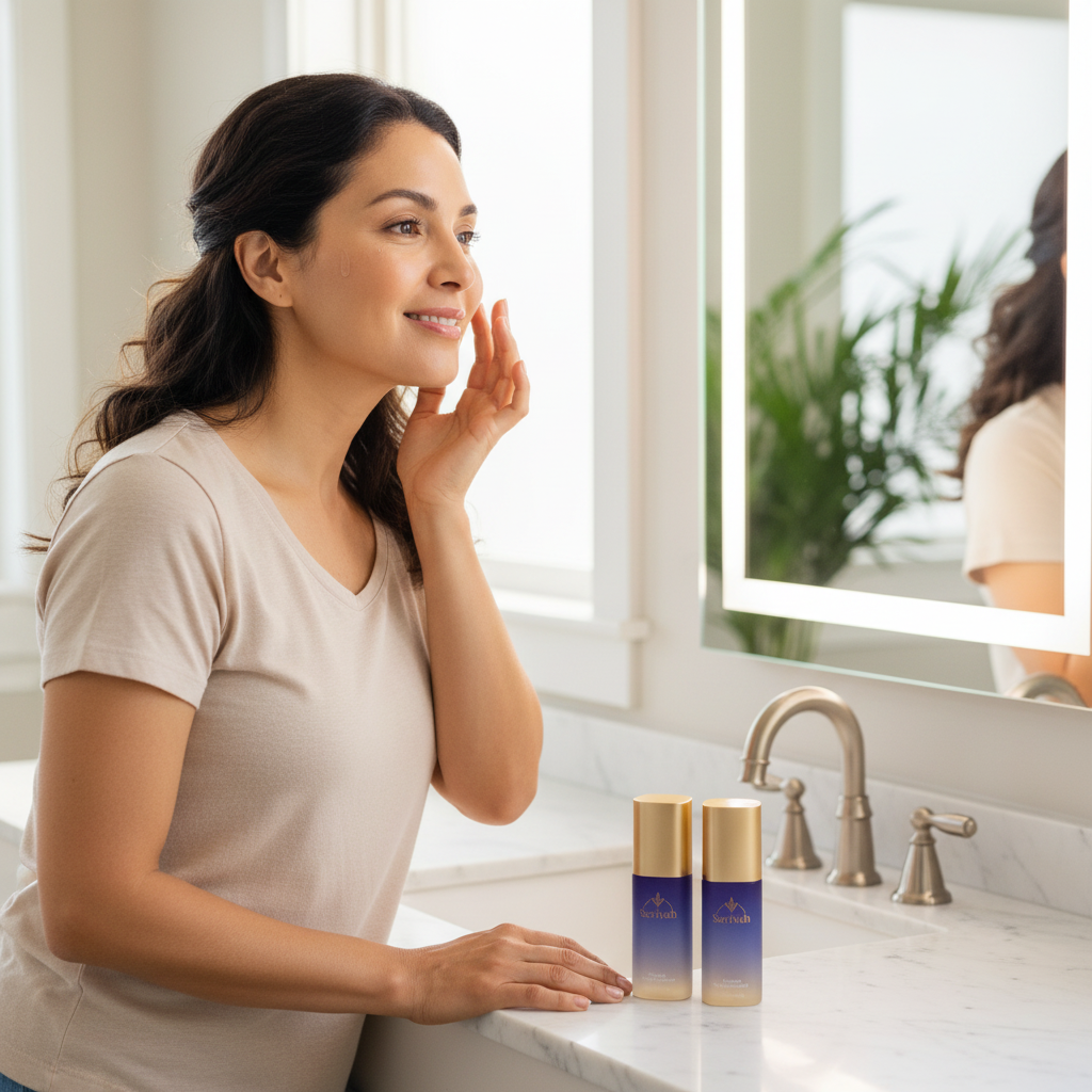 Woman applying serum during morning skincare routine with Serivah products